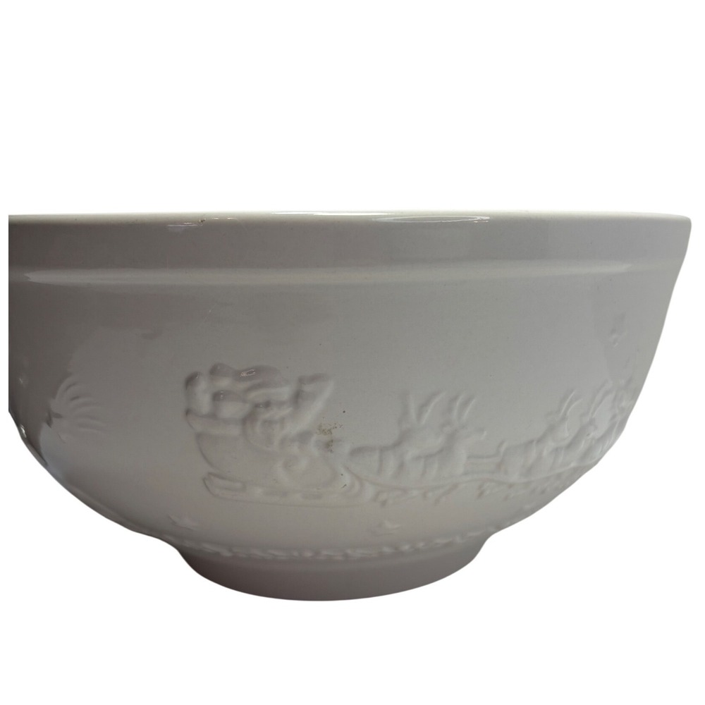WCL White Ceramic Christmas Bowl Embossed Santa Sleigh Village Holiday Vintage